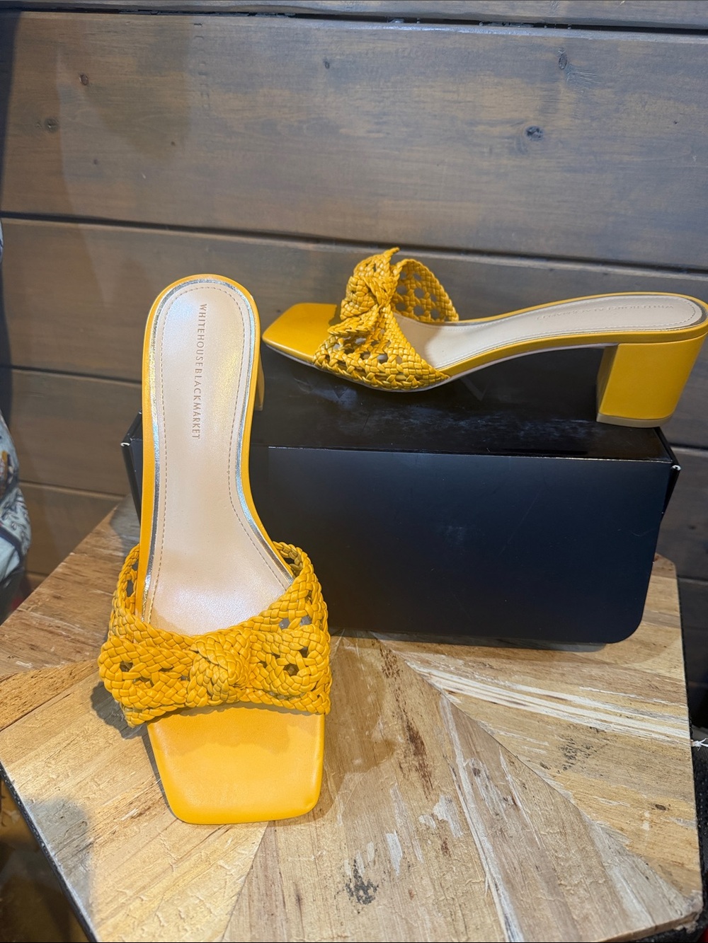 White House Black Market Braided Knot Block Heel Sandals in Mustard Yellow